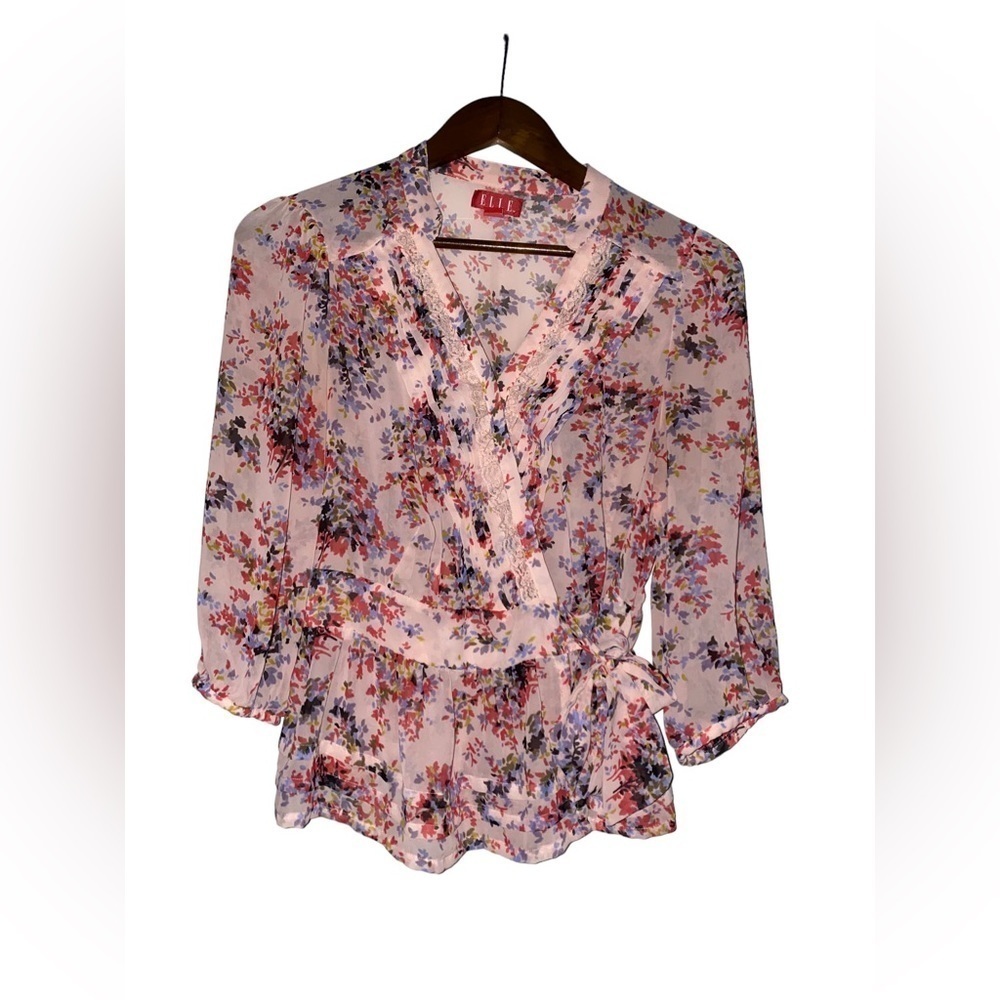 Elle Chiffon Faux Wrap Women Floral Lace Pintuck Blouse S Sheer Cottagecore